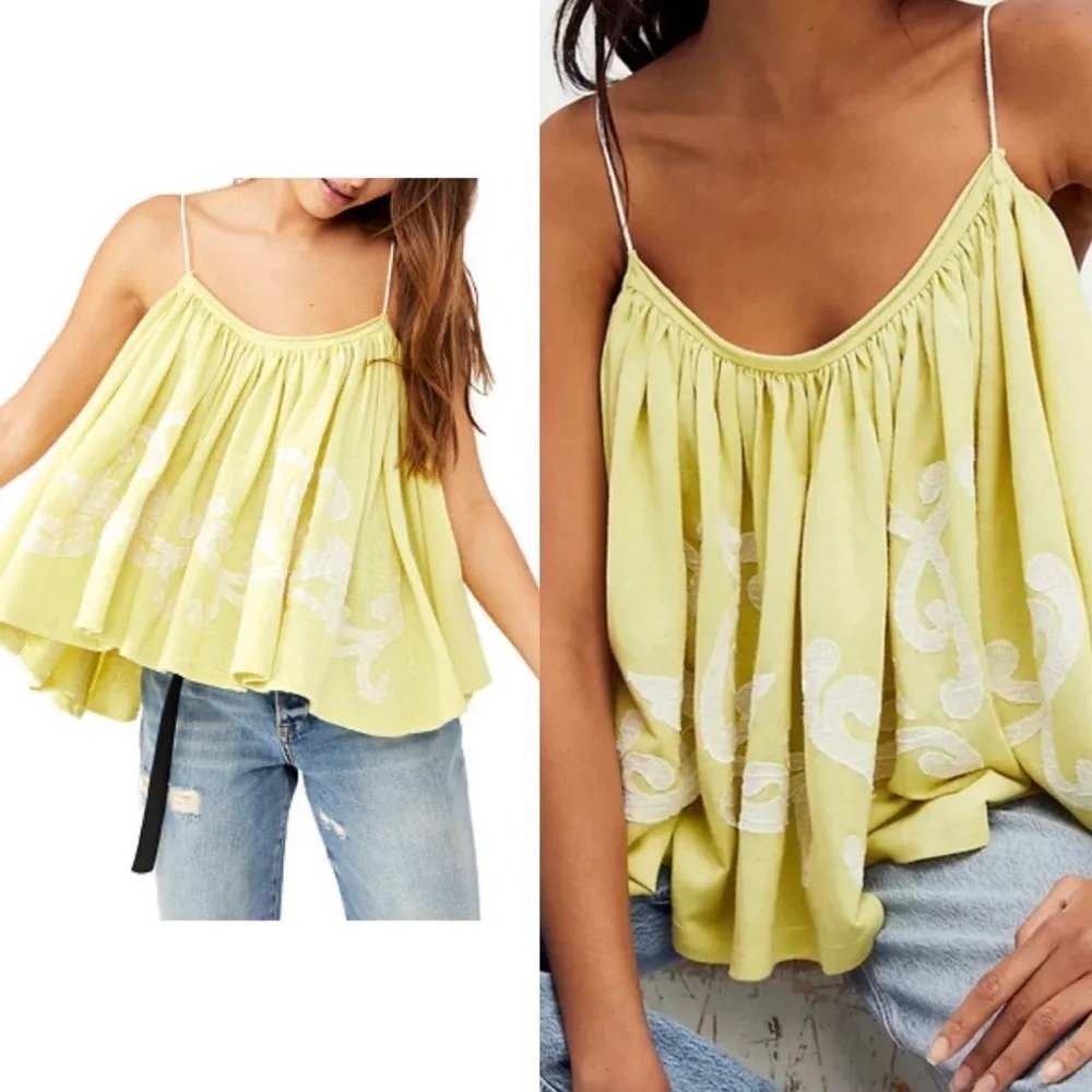 Free People In the Clouds Yellow Embroidered Cold Shoulder Boho Cami Top Medium